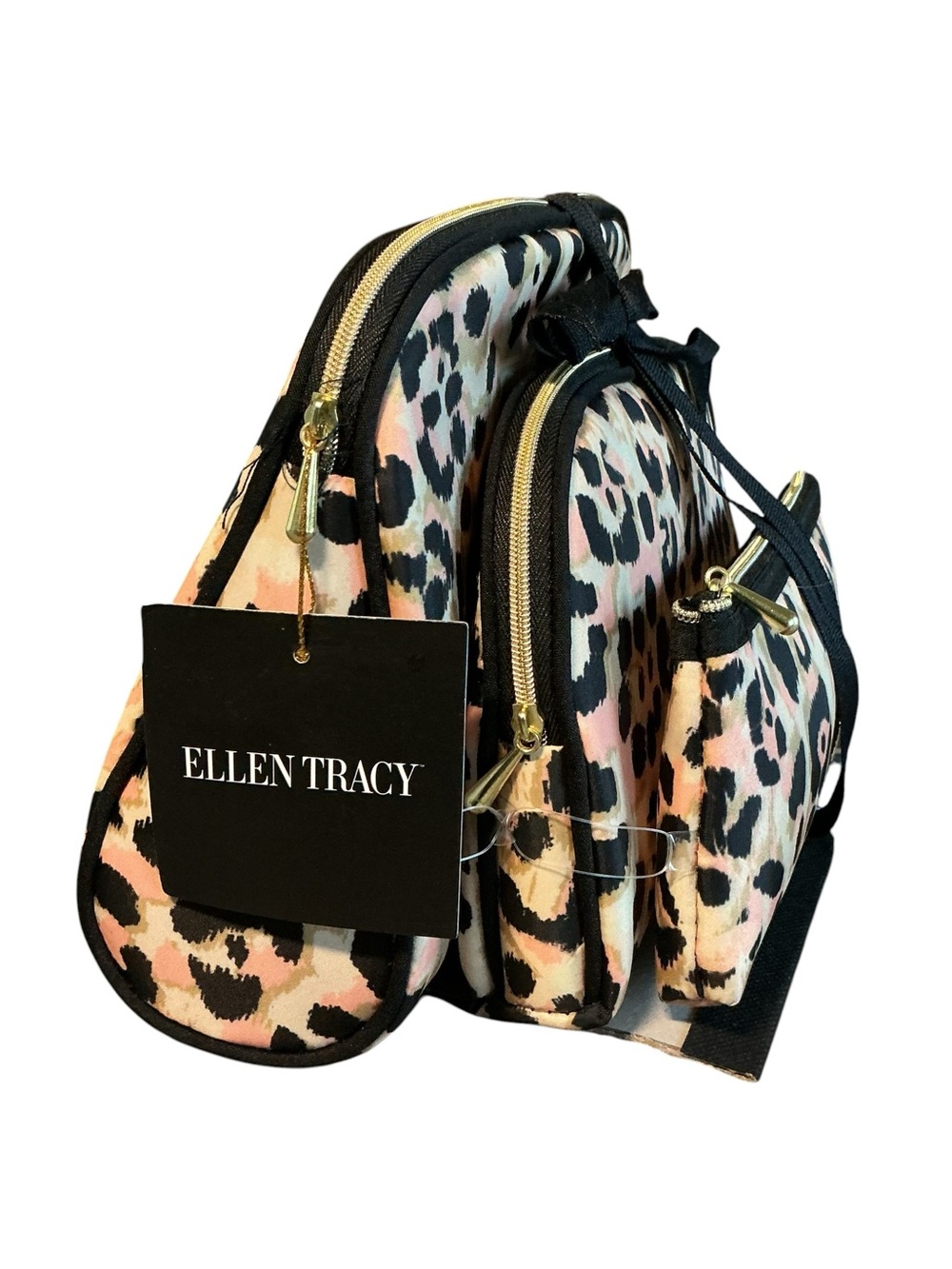 Ellen Tracy Leopard Print 3 Piece Cosmetic Set with Gold-tone Hardware